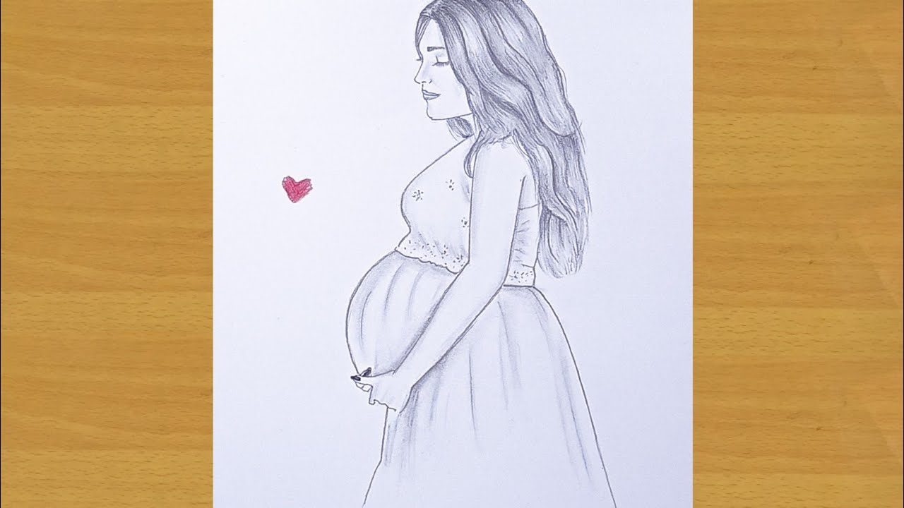 pregnant woman with red heart in her belly line drawing vector illustration  EPS10 Stock Vector | Adobe Stock